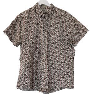 J Crew Button Up Shirt Mens 100% Linen Short Sleeve Classic Print All Over Large